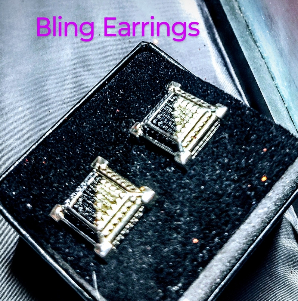 Men's Diamond And Square Earrings with Silver and Gold Tone.